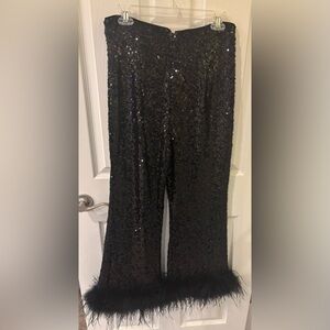 Anthropologie Hutch Black Sequin Pants with Feather Hem